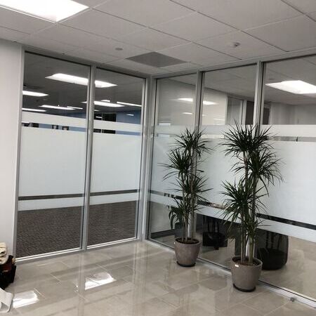 Foiled glass door in an office building
