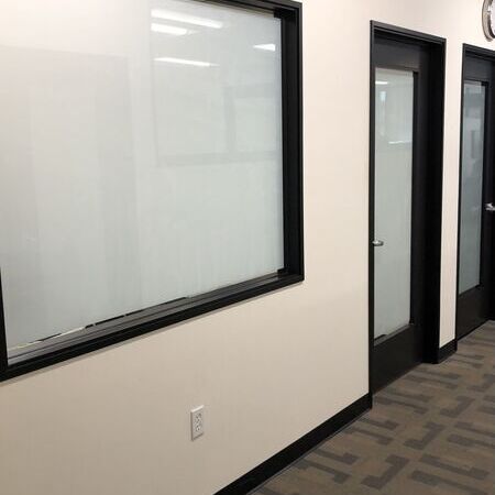 Foiled glass door in an office building