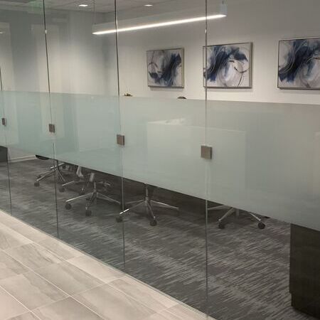 Foiled glass door in an office building